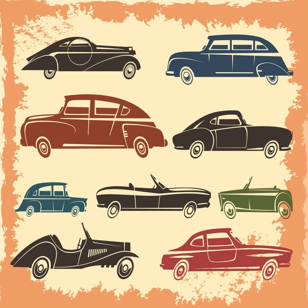 Colección de modelos de automóviles retro con autos de estilo vintage en ilustración de vector abstracto de fondo envejecido