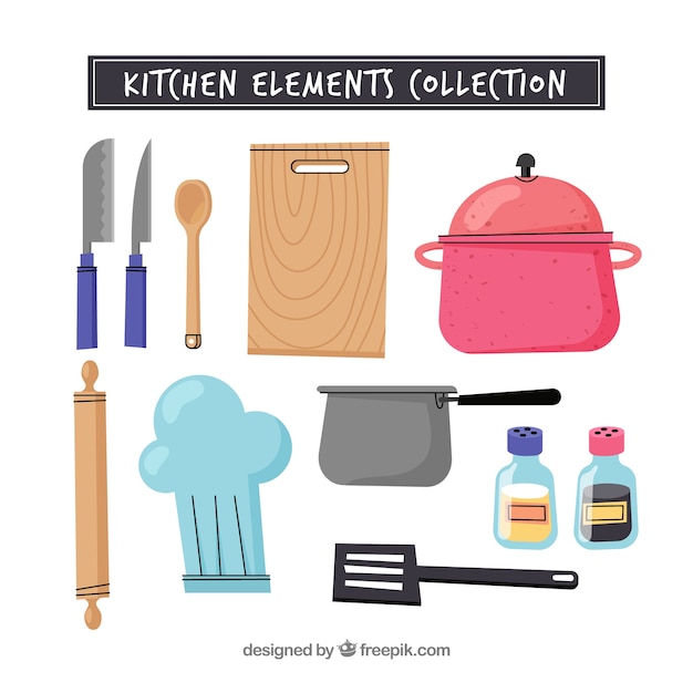 Colección moderna de elementos de cocina dibujados a mano
