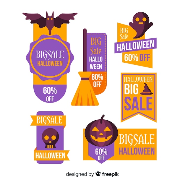 Colección moderna de etiquetas de rebajas de halloween con diseño plano