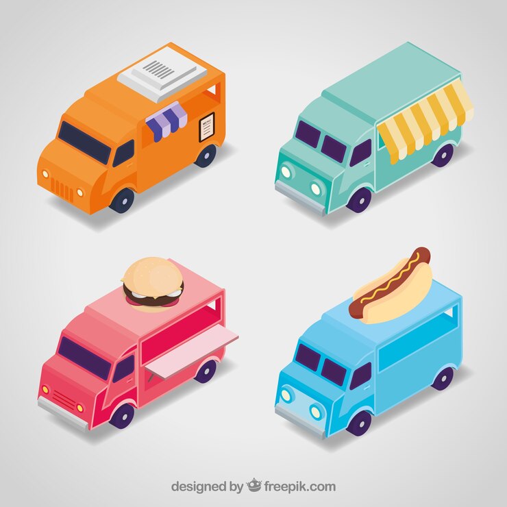 Vector gratuito colección moderna con food trucks isométricas