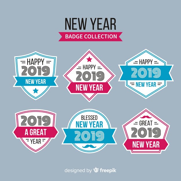 Colección moderna de insignias de año nuevo 2019 con diseño plano