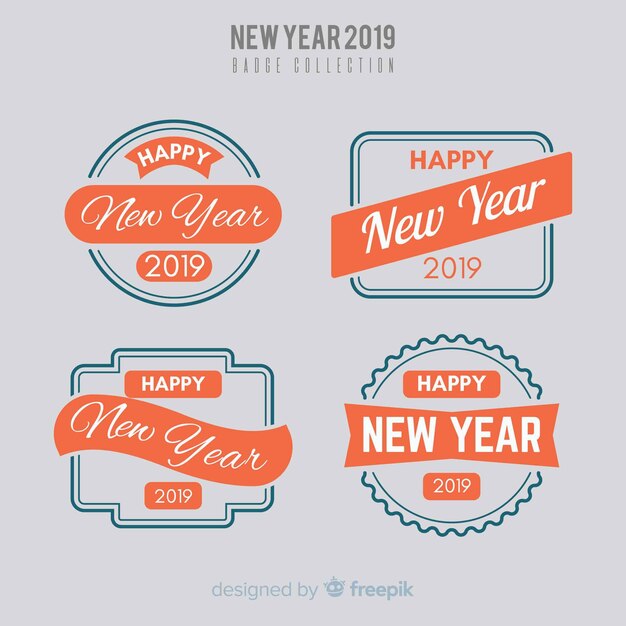 Colección moderna de insignias de año nuevo 2019 con diseño plano