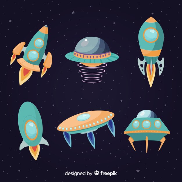 Colección moderna de naves espaciales con diseño plano