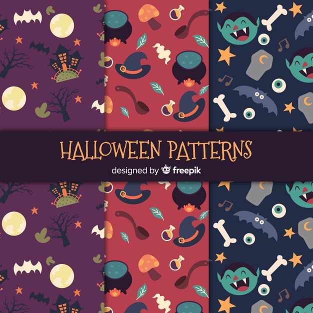 Colección moderna de patrones de halloween con diseño plano