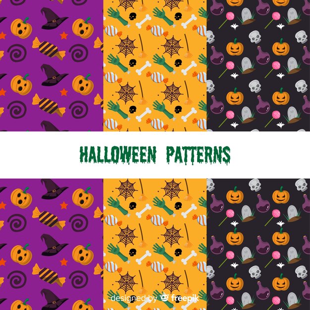 Colección moderna de patrones de halloween con diseño plano