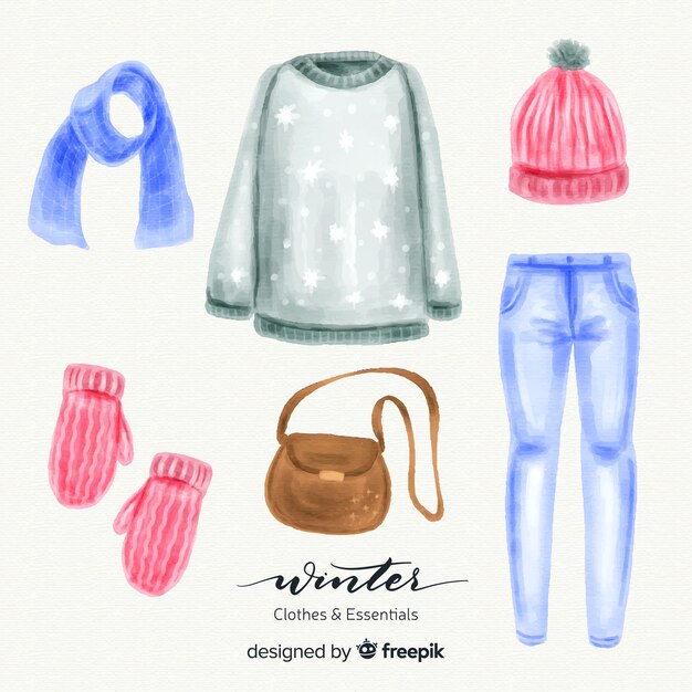 Colección moderna de ropa de invierno en acuarela
