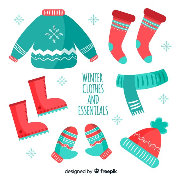 Colección moderna de ropa de invierno dibujada a mano