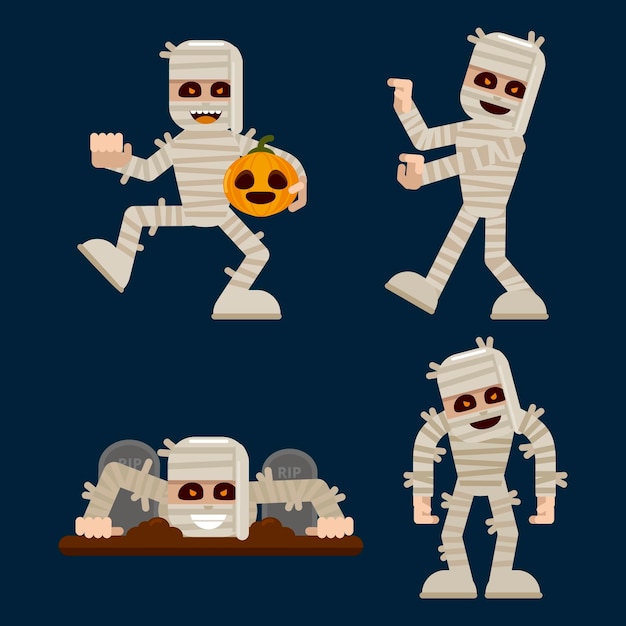 Vector gratuito colección de momias de halloween planas