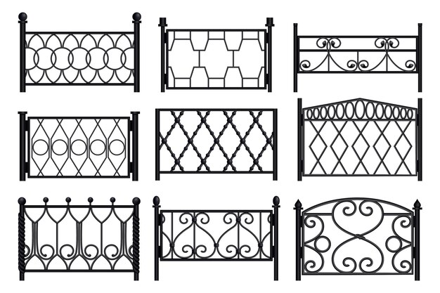 Colección monocromática de secciones modulares de barandillas de balcón de metal forjado aislado en ilustración vectorial realista de fondo blanco