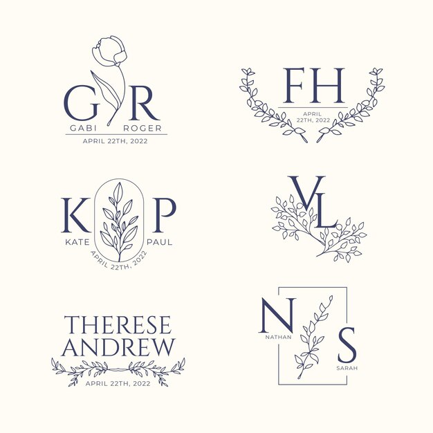 Colección de monogramas de boda planos lineales de boda dibujados a mano