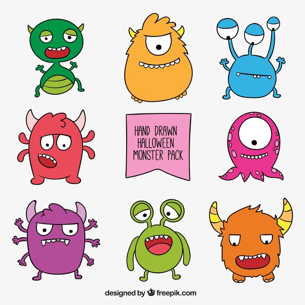 Colección de monstruos dibujados a mano