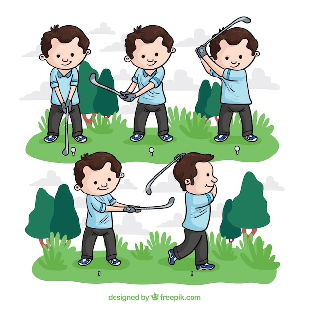 Vector gratuito colección de movimientos de golf en estilo hecho a mano