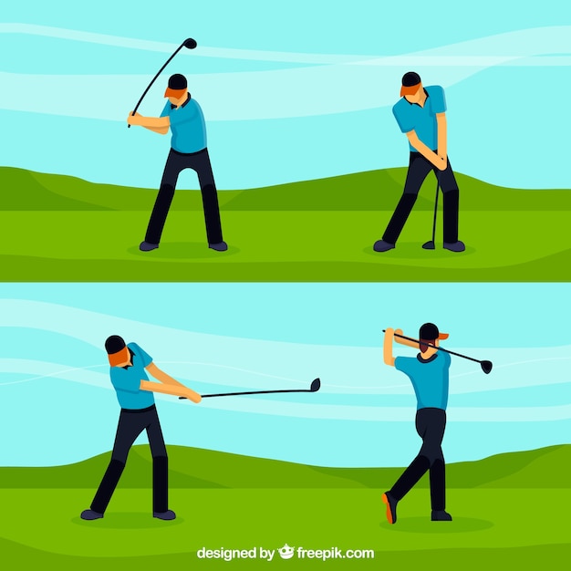 Vector gratuito colección de movimientos de golf con hombre en estilo plano