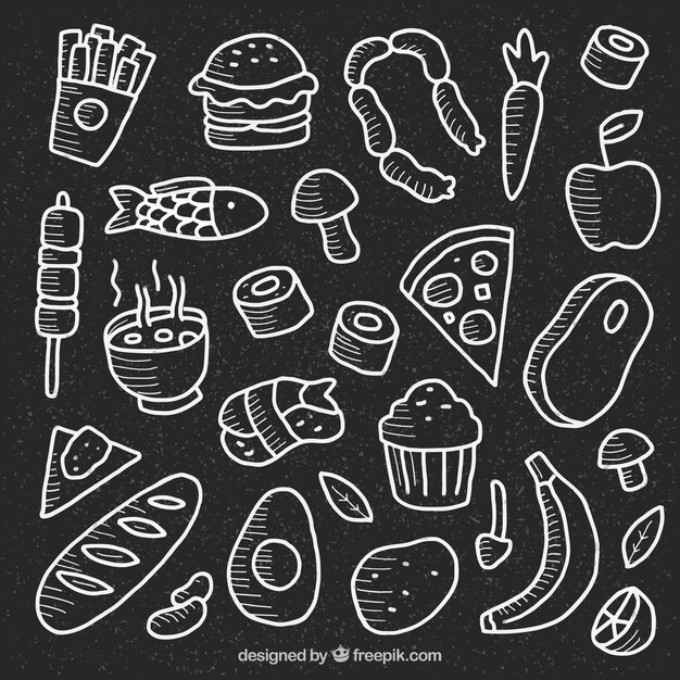 Colección de muchos elementos de comida en estilo de pizarra