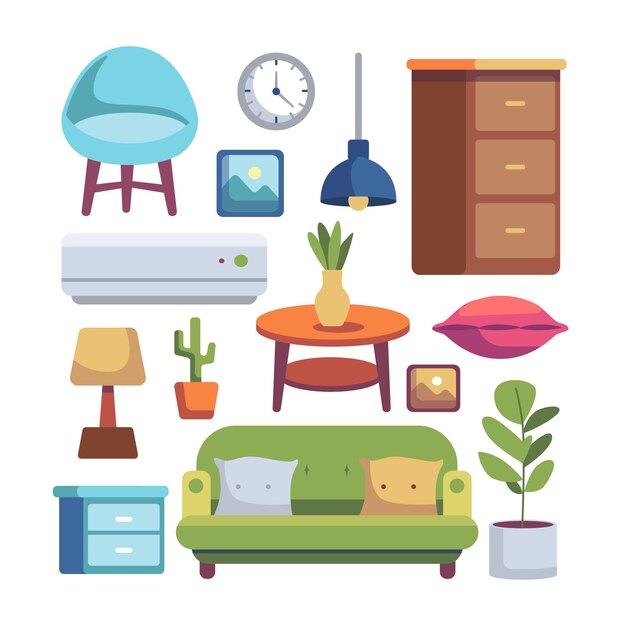 Colección de muebles de elementos de diseño de interiores para el hogar en estilo de dibujos animados Ilustración vectorial