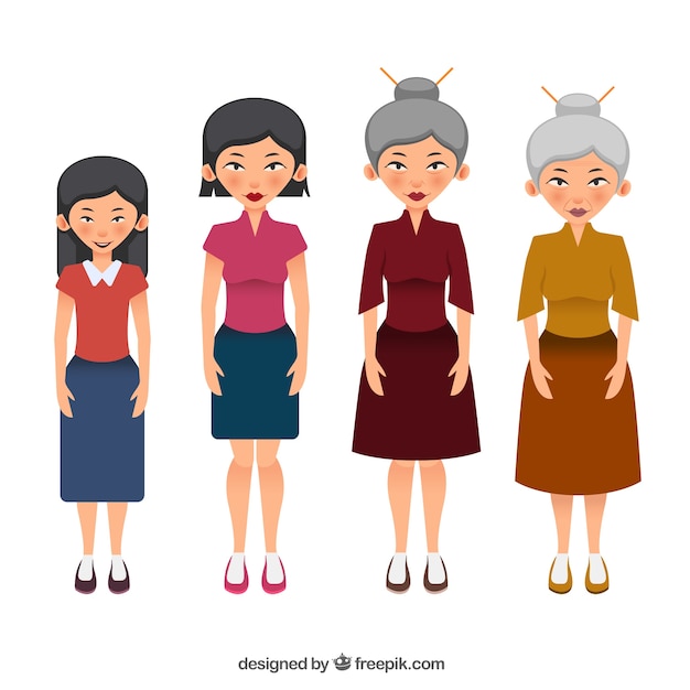 Vector gratuito colección de mujeres asiáticas en edades diferentes