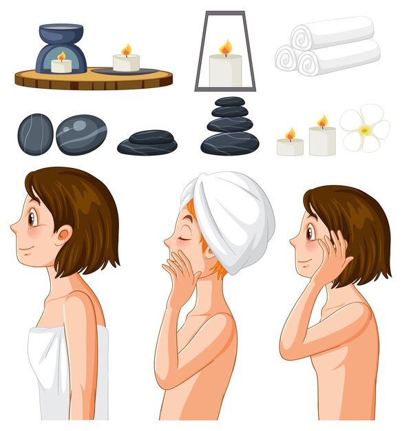 Colección de mujeres disfrutando de tratamientos de spa.