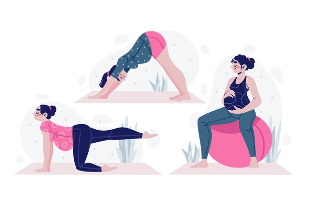 Colección de mujeres embarazadas dibujadas a mano haciendo yoga