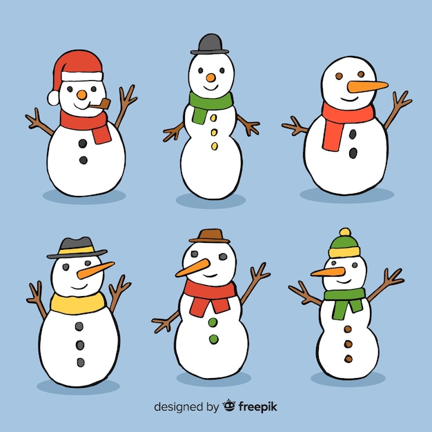 Colección de muñecos de nieve de navidad dibujados a mano