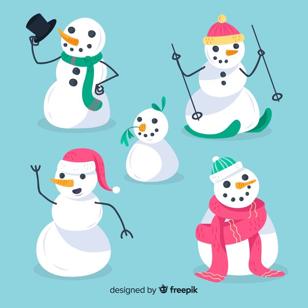 Colección de muñecos de nieve de navidad en diseño plano
