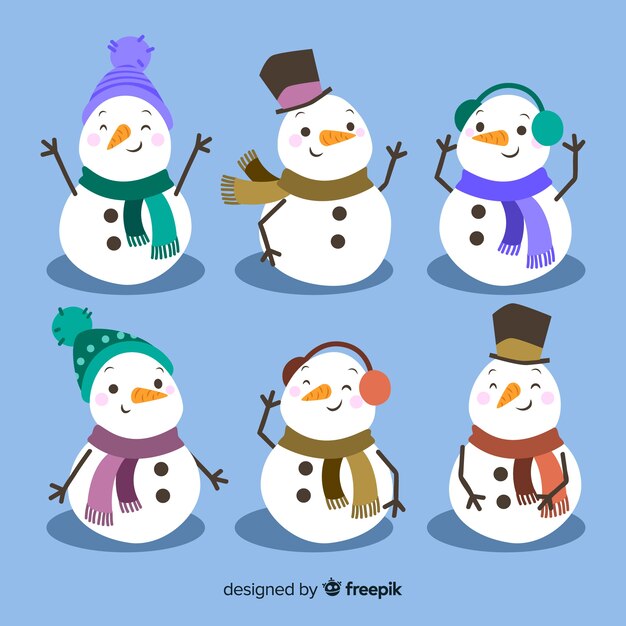 Colección de muñecos de nieve de navidad en diseño plano