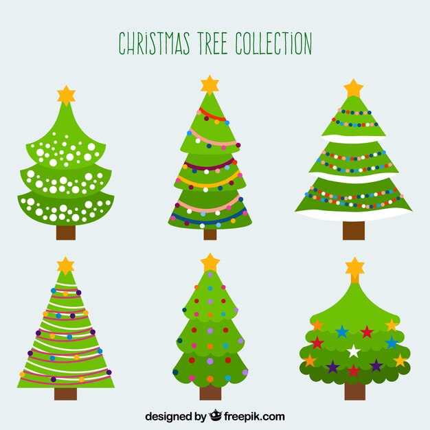 Colección de navidad de seis árboles decorados