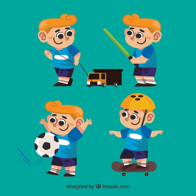 Vector gratuito colección de niño sonriente con diferentes juguetes