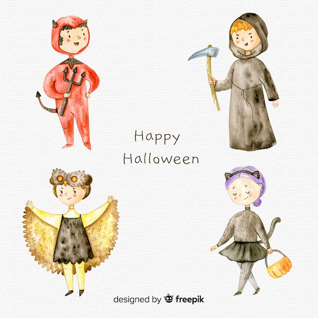 Vector gratuito colección de niños de halloween en acuarela