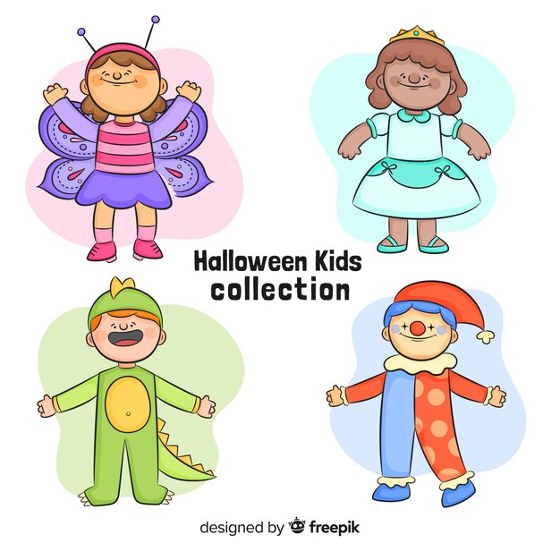 Colección de niños de halloween en dibujados a mano