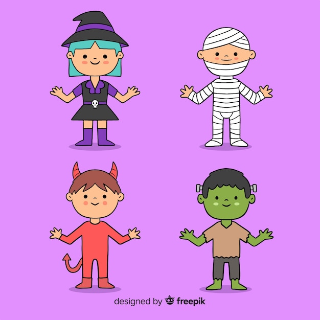 Colección de niños de halloween dibujados a mano