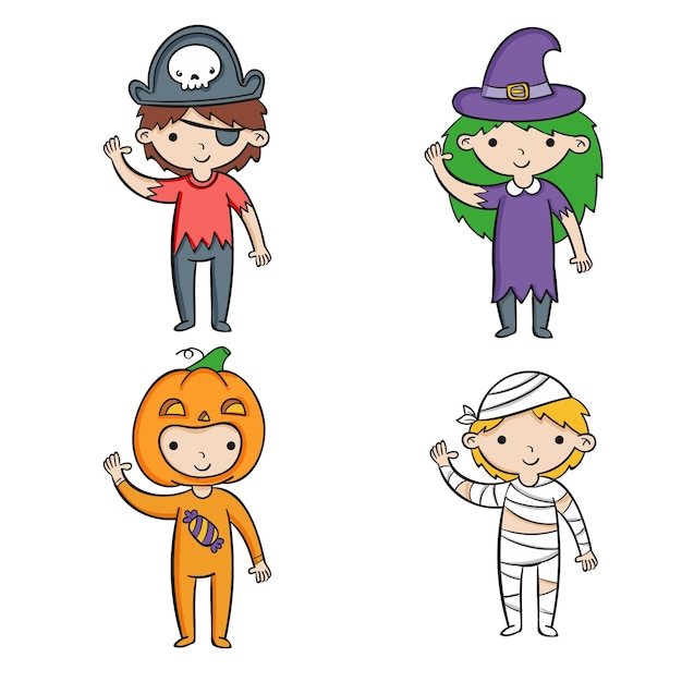 Colección de niños de halloween dibujados a mano