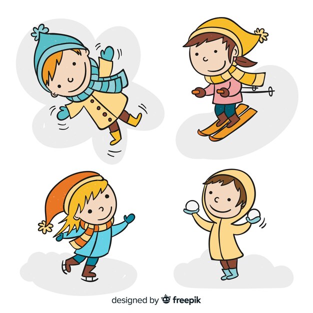 Colección de niños en invierno dibujados a mano