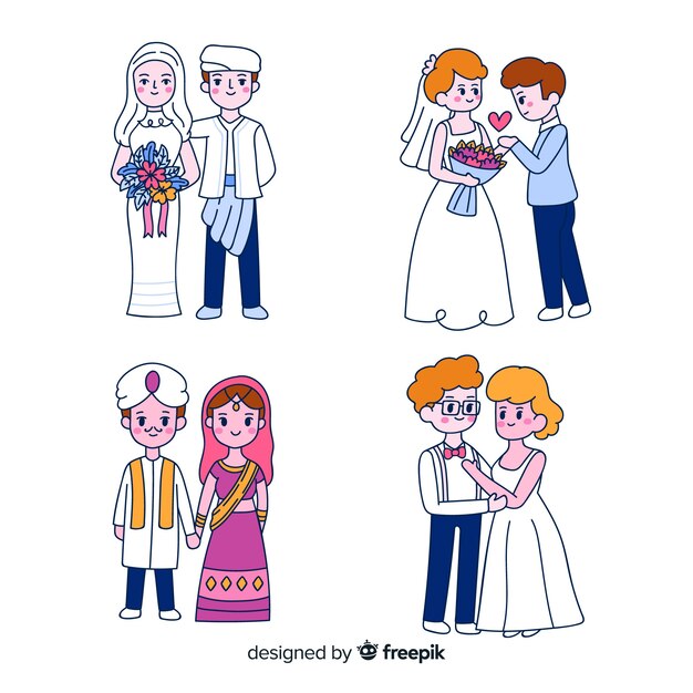 Colección de novios dibujados a mano