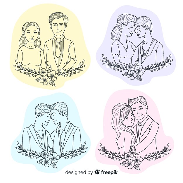 Colección de novios dibujados a mano