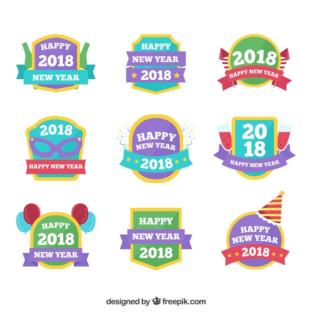 Colección de nueve coloridas insignias de año nuevo 2018