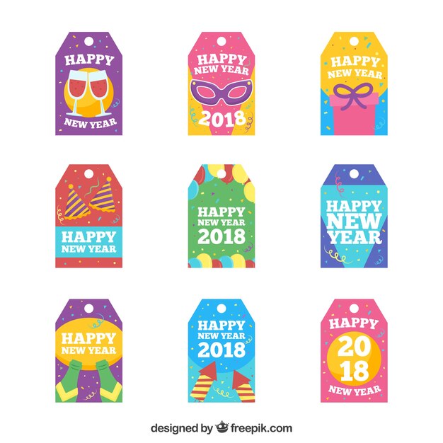 Colección de nueve etiquetas de año nuevo 2018