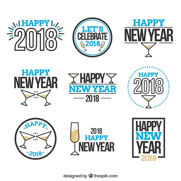 Colección de nueve insignias de año nuevo 2018