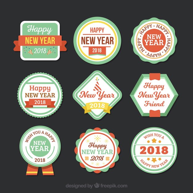 Colección de nueve insignias vintage de año nuevo 2018