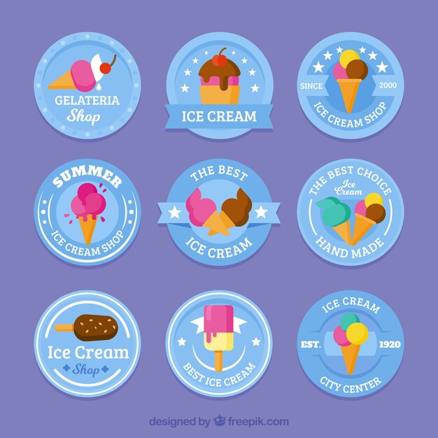 Colección de nueve pegatinas azules con helados deliciosos