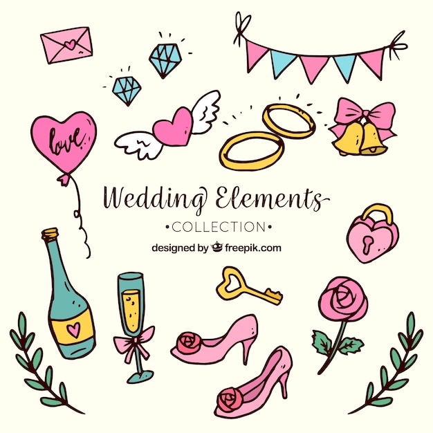 Vector gratuito colección de objetos de boda dibujados a mano