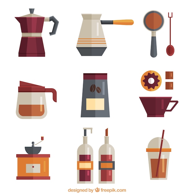 Vector gratuito colección de objetos de cafetería en diseño plano