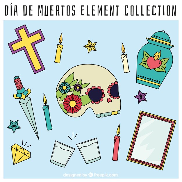 Colección de objetos decorativos del día de los muertos 