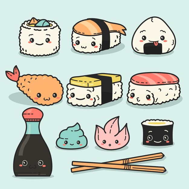 Colección objetos kawaii dibujada a mano