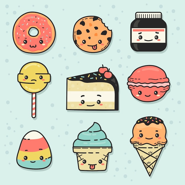 Colección objetos kawaii dibujada a mano