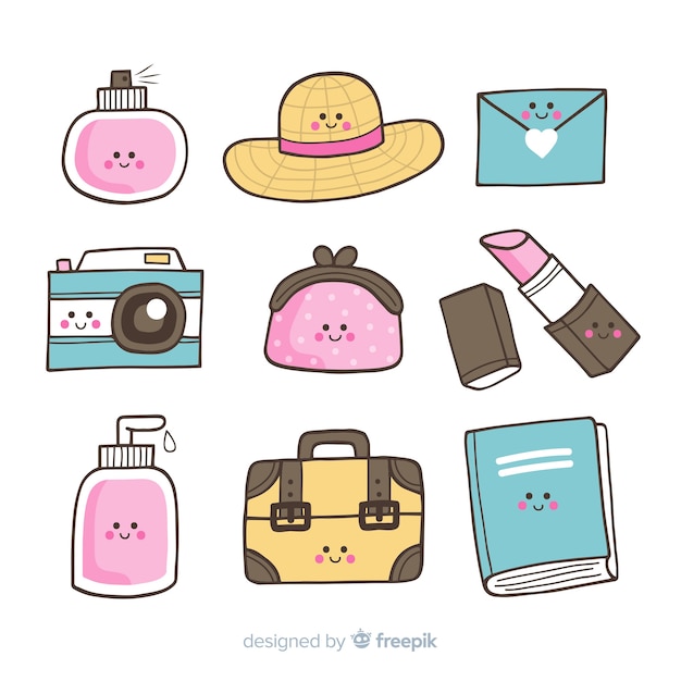 Vector gratuito colección objetos kawaii dibujados a mano