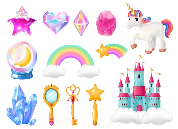 Vector gratuito colección de objetos mágicos de dibujos animados realistas, incluido el arco iris de cristal, el unicornio, el bastón mágico, el castillo de cuentos de hadas, la ilustración vectorial aislada.