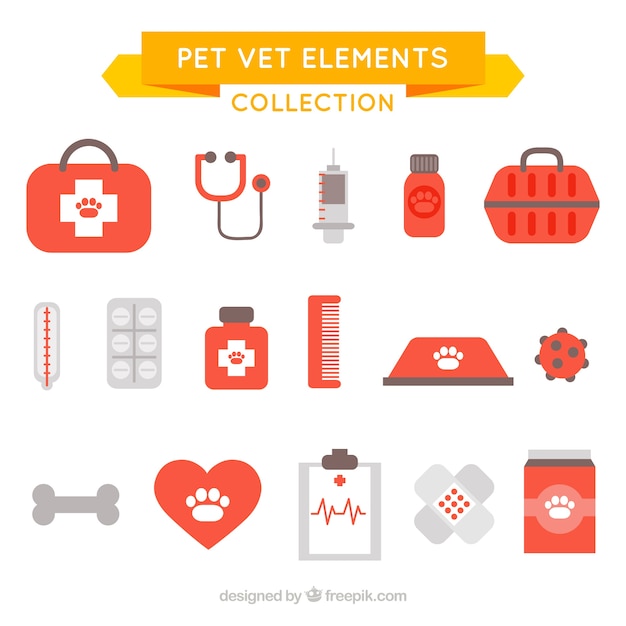 Vector gratuito colección de objetos de mascotas y veterinaria en diseño plano