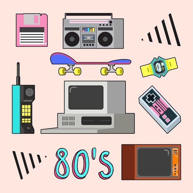 Colección de objetos ochenteros en diseño plano