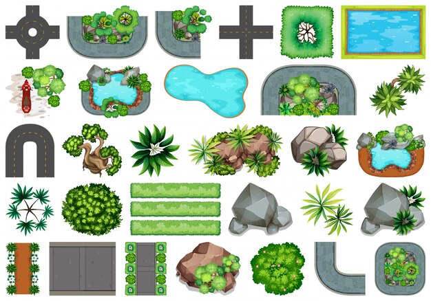 Colección de objetos temáticos de la naturaleza al aire libre y elementos vegetales.