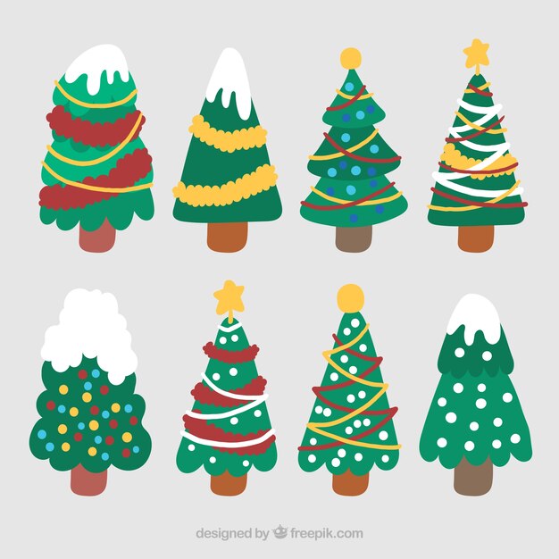 Colección de ocho hermosos árboles de navidad decorados